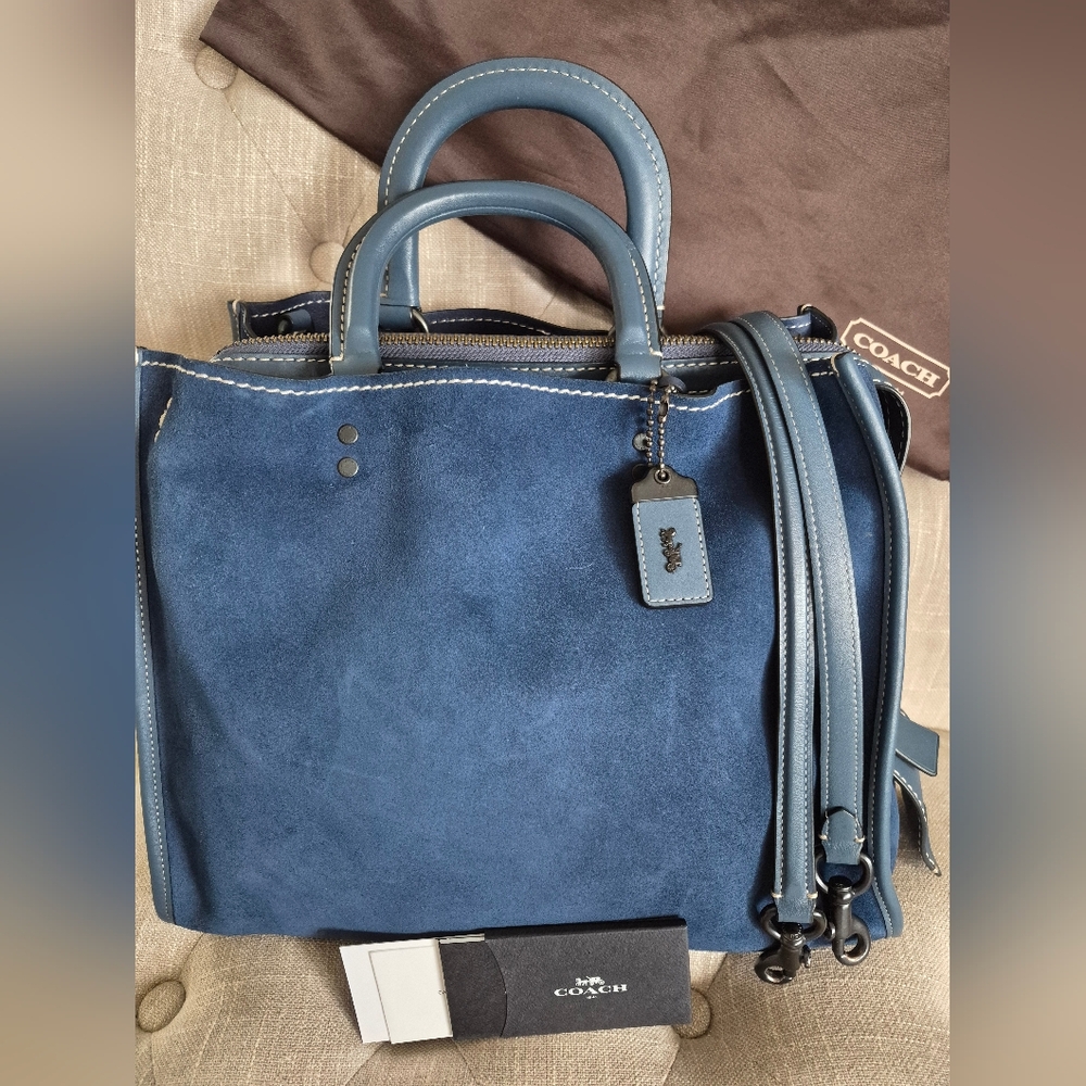 Authentic Coach Navy Blue Suede And Leather 1941 Rogue 36 Tote Bag
